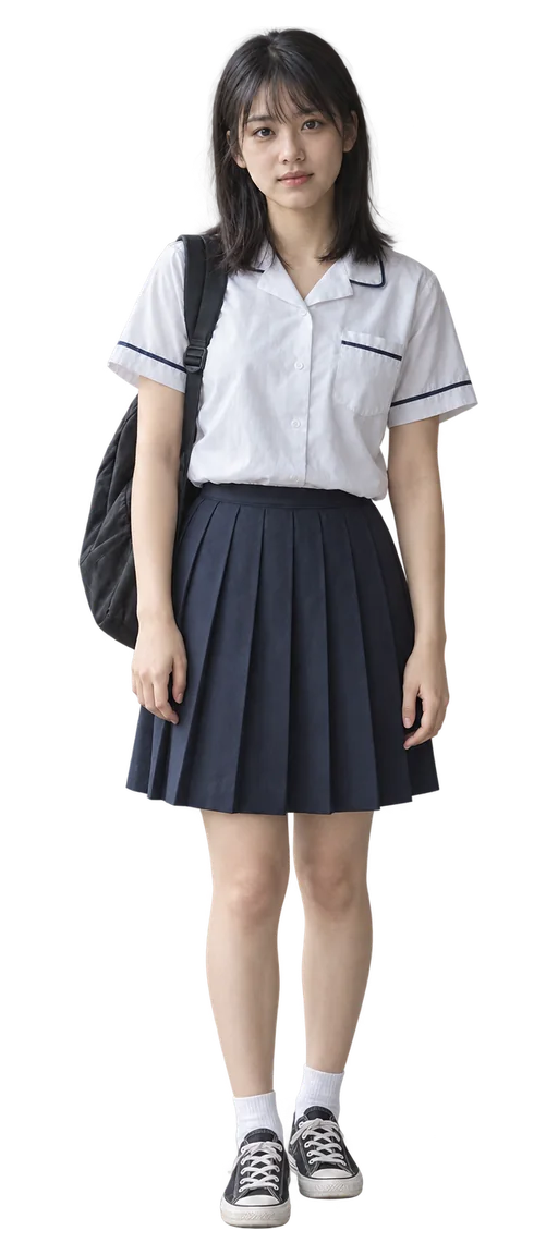 林夏的全身定裝，及肩黑髮、薄瀏海，穿著白色制服、背著書包