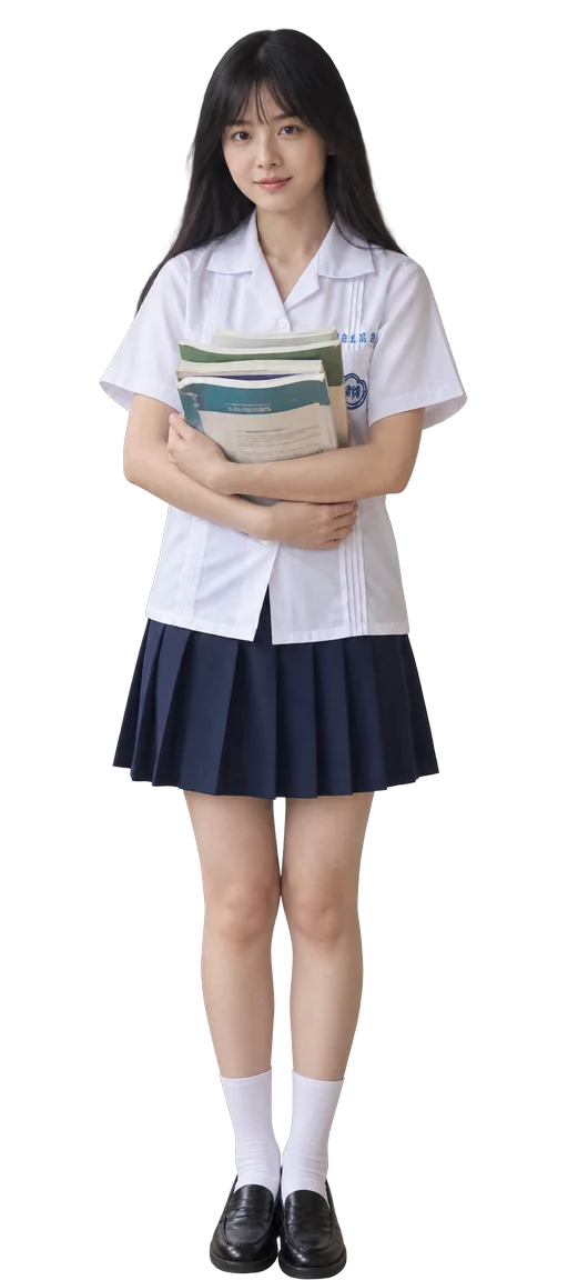 小禾的全身定裝，黑色長髮，白色制服與深藍百褶裙，抱著課本
