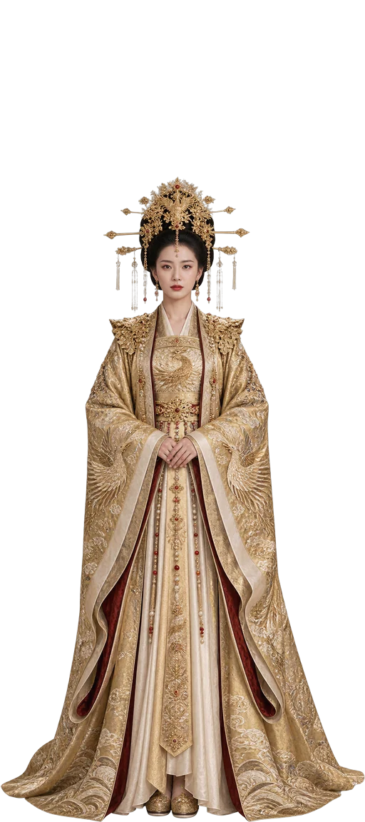 沈皇后的全身定裝，頭戴金色鳳冠，身穿金色鳳袍